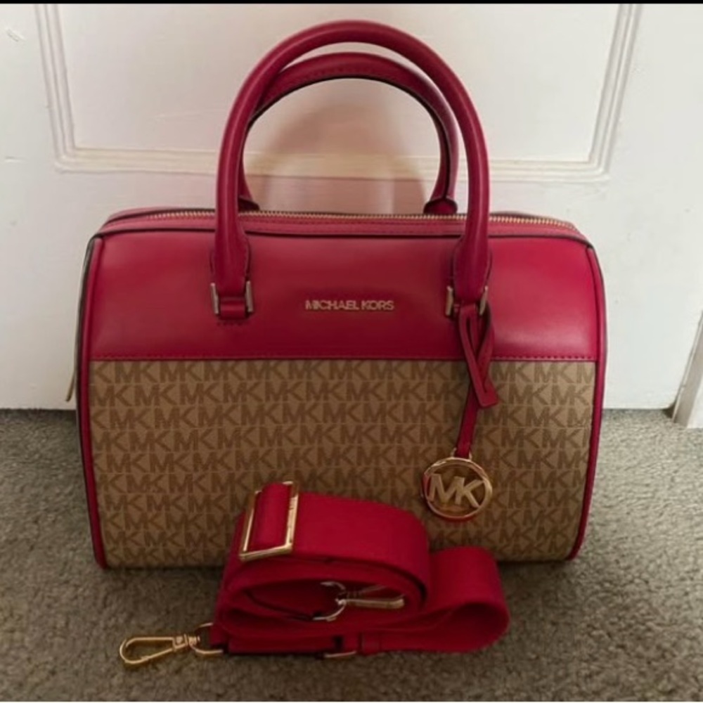 Michael Kors Red and Tan Satchel with Gold-Tone Hardware